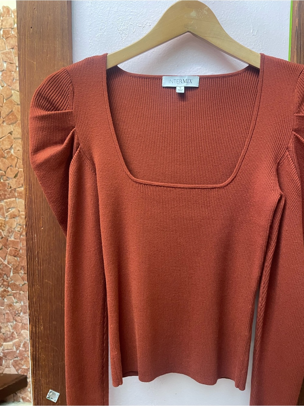 INTERMIX Rust Square-Neck Ribbed Long-Sleeve Top - Picture 7 of 10